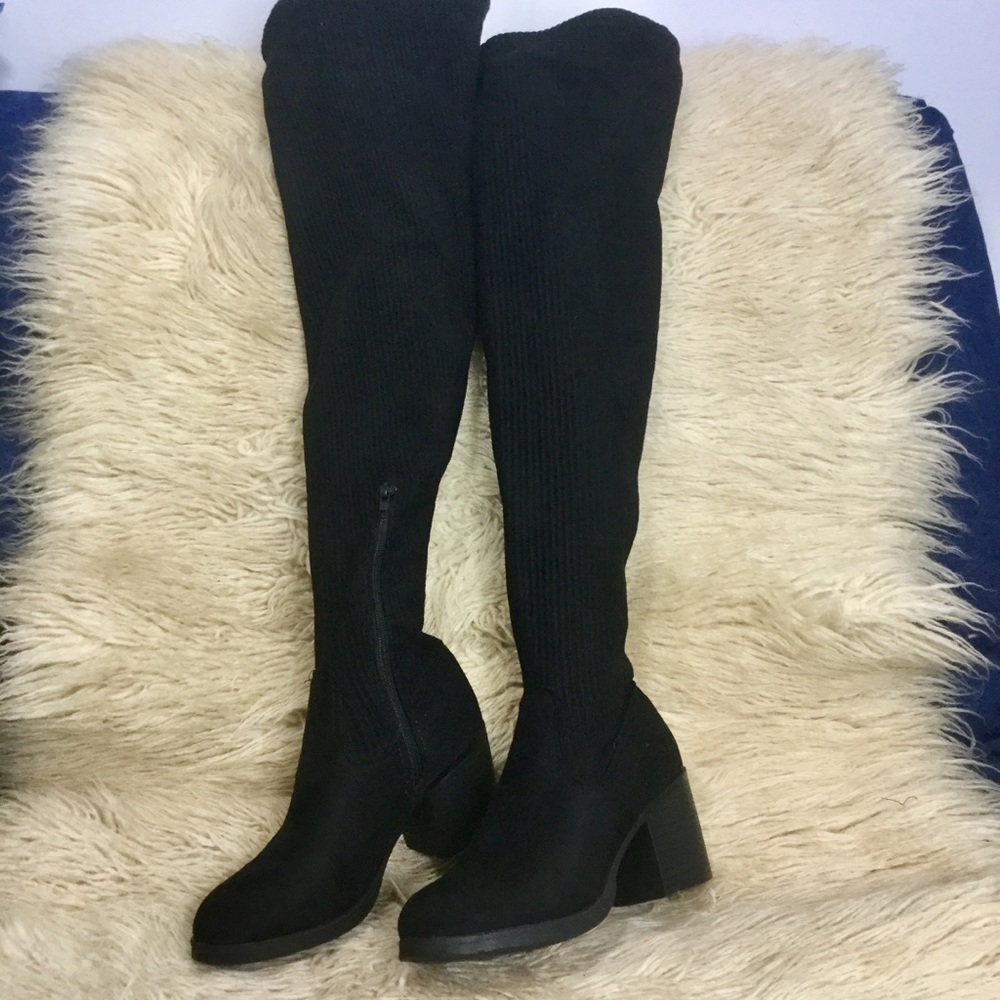 Bamboo Thigh High Black Ribbed Knit Boots